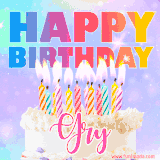A vibrant animated name GIF with the words 'Happy Birthday Gry' with colorful candles on a creamy cake. The background sparkles with pastel shades, adding a festive touch.