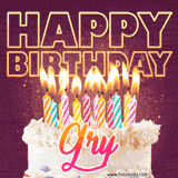 A colorful birthday cake topped with lit candles, with the words 'Happy Birthday Gry' in bold glowing letters on a burgundy background. Animated flames add a festive touch.