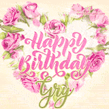 A stunning heart made of pink roses surrounds the elegant script text 'Happy Birthday Gry' on a soft beige background. Animated sparkles add a magical and festive feel.