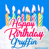 A cheerful animated GIF featuring colorful lit birthday candles on a white cake, with the text 'Happy Birthday Gryffin' in bold red and blue script on a bright blue background.