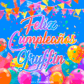 A vibrant animated GIF with 'Feliz Cumpleaños Gryffin' written in colorful script, surrounded by balloons, confetti, and bunting on a bright blue background.