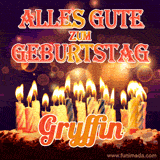 An animated GIF featuring 'Alles Gute Zum Geburtstag Gryffin' in glowing red and gold letters above a cake with colorful lit candles, set against a festive sparkling background.