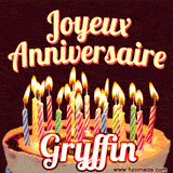 A Happy Birthday GIF in French featuring a festive birthday cake adorned with bright candles and the glowing text 'Joyeux Anniversaire Gryffin' in a cheerful style.
