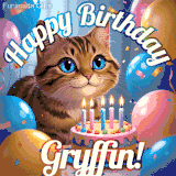 A playful tabby cat sits behind a colorful birthday cake surrounded by balloons and confetti, with 'Happy Birthday Gryffin!' written above in festive letters.