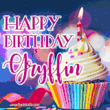 A festive animated GIF featuring a colorful cupcake with a single lit candle, sprinkles, and 'Happy Birthday Gryffin' text against a sparkling, celebratory background.