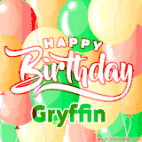 Animated GIF featuring colorful balloons in the background with the cheerful text 'Happy Birthday Gryffin'.