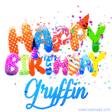 Animated GIF with colorful, festive 'Happy Birthday Gryffin' text decorated with patterns, a party hat, and falling confetti. A vibrant and cheerful design for birthday celebrations.