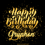 Animated GIF with colorful, festive 'Happy Birthday Gryphon' text decorated with patterns, a party hat, and falling confetti. A vibrant and cheerful design for birthday celebrations.