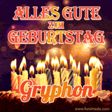 An animated GIF featuring 'Alles Gute Zum Geburtstag Gryphon' in glowing red and gold letters above a cake with colorful lit candles, set against a festive sparkling background.