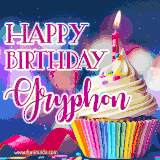 A festive animated GIF featuring a colorful cupcake with a single lit candle, sprinkles, and 'Happy Birthday Gryphon' text against a sparkling, celebratory background.