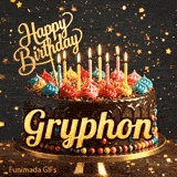 Glittery dark background with golden stars behind a chocolate birthday cake with the name Gryphon written on the front.