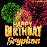 A captivating GIF with bursts of green, pink, and orange fireworks lighting up the night sky, accompanied by 'Happy Birthday Gryphon' in glowing golden text.