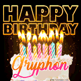 A vibrant animated GIF featuring a delicious birthday cake topped with glowing candles and the name 'Gryphon' in elegant script, and the words 'Happy Birthday' on the black background.