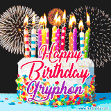 A lively happy birthday animated GIF showcasing a colorful birthday cake covered in sprinkles, topped with glowing candles, and surrounded by vibrant fireworks. The name 'Gryphon' is featured in elegant script.