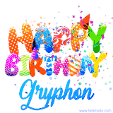 Animated GIF with colorful, festive 'Happy Birthday Gryphon' text decorated with patterns, a party hat, and falling confetti. A vibrant and cheerful design for birthday celebrations.