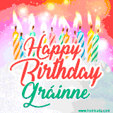 Bright birthday candles with rainbow flames on a cake, alongside the text 'Happy Birthday Gráinne' in vibrant script in this celebratory animated GIF.