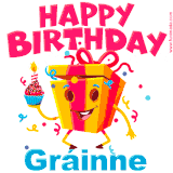 A vibrant and funny gift box character with a happy face dancing with a cupcake and the text 'Happy Birthday Gráinne,' surrounded by animated confetti and party vibes.