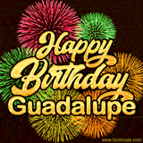 Golden text reading 'Happy Birthday Guadalupe' surrounded by vibrant fireworks in red, green, and yellow, set against a dark background in this celebratory birthday GIF.