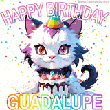 Adorable party-themed animated cat next to a lit birthday cake with text that says 'Happy Birthday Guadalupe,' surrounded by colorful decorations and sparkles.