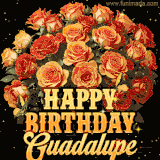 Animated bouquet of orange roses with moving butterfles and golden 'Happy Birthday Guadalupe' text, surrounded by sparkling accents and a dark backdrop for a luxurious feel.
