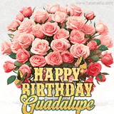 Golden 'Happy Birthday Guadalupe' text beneath a vibrant bouquet of orange roses, complete with glittering butterflies and sparkling details.