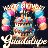 Bright birthday animation for Guadalupe with a chocolate cake, candles, balloons, and glowing celebratory lights.