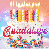 A cheerful white birthday cake with multicolor sprinkles, lit candles, and 'Guadalupe' written in vibrant letters, in an animated GIF.