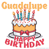 Cartoon birthday cake with a red bow, glowing candles, and 'Guadalupe Happy Birthday' text in bold animated style.