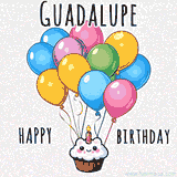 An adorable and cute cupcake with a smiley face and moving colorful balloons create a joyful birthday greeting for Guadalupe in this cheerful animated greeting E-card.