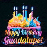 A mesmerizing animated cake with multicolor frosting and candles, and the words 'Happy Birthday Guadalupe' on the black background.