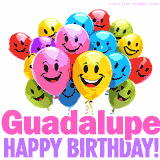 Animated colorful and joyful birthday balloons with cheerful smiles and a bright 'Happy Birthday Guadalupe!' message in pink and purple.