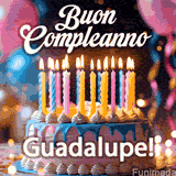 Birthday cake topped with pink and yellow lit candles, surrounded by glowing bokeh lights and party balloons. The greeting 'Buon Compleanno Guadalupe GIF!' is displayed.