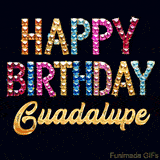 Vibrant luxury birthday greeting card for Guadalupe, showing glittering gemstone letters and golden calligraphy on a dark background with twinkling shine effects.