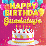 Pink-themed animated greeting with balloons, confetti, and a frosted cake under the message 'Happy Birthday Guadalupe' in bold rounded yellow font.