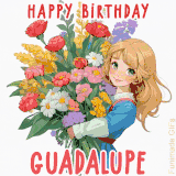 Bright floral birthday animation for Guadalupe showing a cute cartoon girl with golden hair and expressive eyes holding a huge bouquet, surrounded by birthday text.