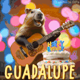 Animated birthday GIF showing a capybara playing guitar and singing beside a birthday cake with the name Guadalupe in large letters and colorful bokeh lights in the background.