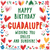 A colorful animated card for Guadalupe’s birthday featuring playful hearts, cheerful flowers, and a handwritten message wishing smiles and sunshine.