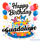 An animated birthday card for Guadalupe. It features a festive cake with her name, 'Guadalupe', and colorful butterflies. Floating balloons and hearts complete the joyful scene.