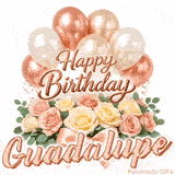 Elegant 3D rose gold text saying Happy Birthday Guadalupe surrounded by balloons