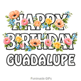 Bright and colorful spring flowers blooming around a Happy Birthday Guadalupe message