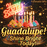 Close-up of a chocolate birthday cake with multicolored frosting swirls and colorful candy beads around the gold base. Guadalupe