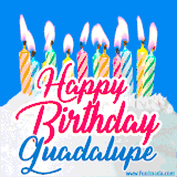 A cheerful animated GIF featuring colorful lit birthday candles on a white cake, with the text 'Happy Birthday Guadalupe' in bold red and blue script on a bright blue background.