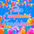 A vibrant animated GIF with 'Feliz Cumpleaños Guadalupe' written in colorful script, surrounded by balloons, confetti, and bunting on a bright blue background.