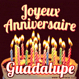 A Happy Birthday GIF in French featuring a festive birthday cake adorned with bright candles and the glowing text 'Joyeux Anniversaire Guadalupe' in a cheerful style.