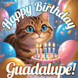 A playful tabby cat sits behind a colorful birthday cake surrounded by balloons and confetti, with 'Happy Birthday Guadalupe!' written above in festive letters.