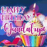 A festive animated GIF featuring a colorful cupcake with a single lit candle, sprinkles, and 'Happy Birthday Guadalupe' text against a sparkling, celebratory background.
