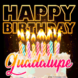 A vibrant animated GIF featuring a delicious birthday cake topped with glowing candles and the name 'Guadalupe' in elegant script, and the words 'Happy Birthday' on the black background.
