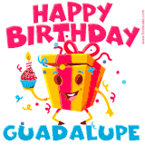 A funny animated birthday GIF with the words 'Happy Birthday Guadalupea', colorful gift box with arms and legs, holding a cupcake with a lit candle  with confetti everywhere.