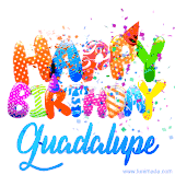 Animated GIF with colorful, festive 'Happy Birthday Guadalupe' text decorated with patterns, a party hat, and falling confetti. A vibrant and cheerful design for birthday celebrations.