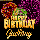 A golden 'Happy Birthday Gudlaug' message with vibrant fireworks in the background, creating a festive and celebratory vibe in this animated name GIF.